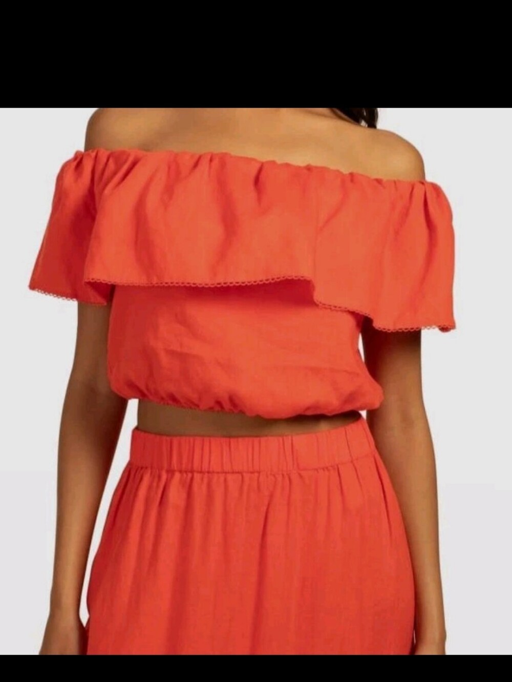 Trina Turk Coral Off-Shoulder Ruffle Crop Top